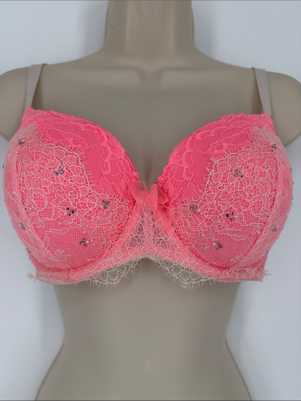 Victoria's Secret Neon Coral Lace Push-Up Bra with Crystal Accents